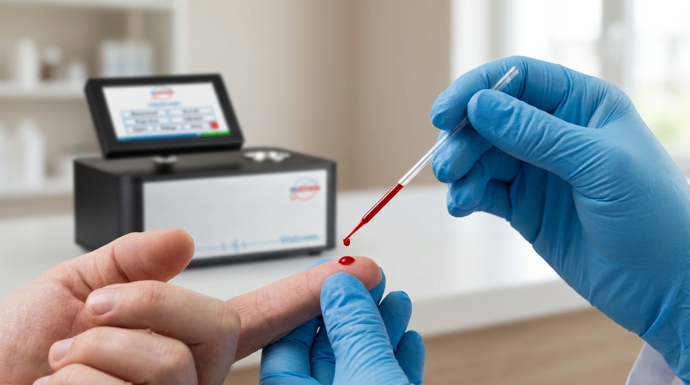 Kapillare Probe — Bluttropfen aus der Fingerkuppe